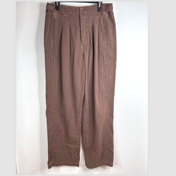 Free People Thin Line Straight Chino Pant 6 Linen Trouser Wide Leg Slouchy Brown - Picture 2 of 14